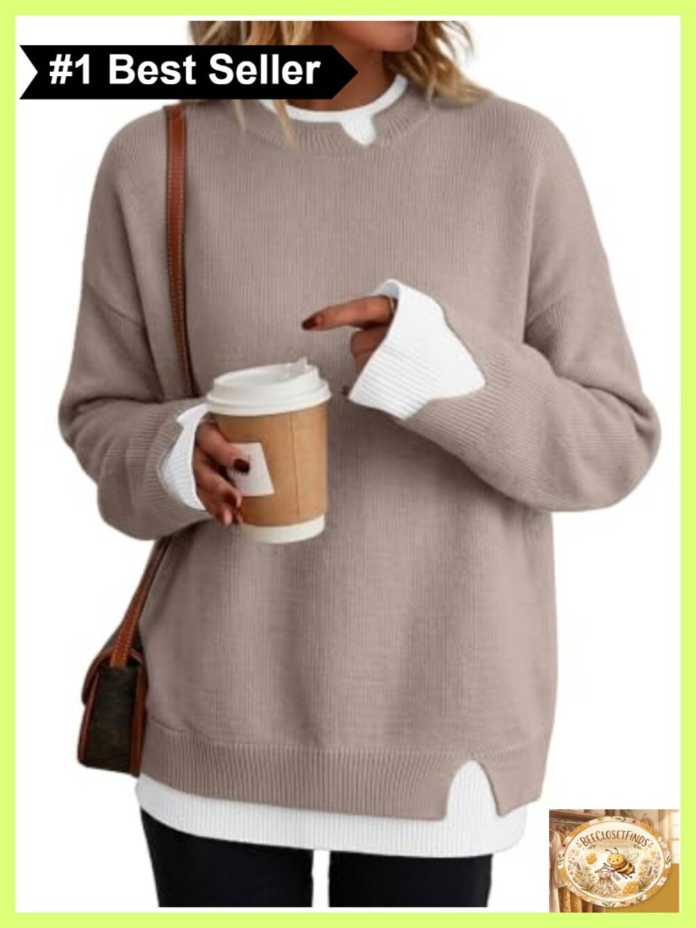 Oversized Patchwork Pullover Sweater Slit Cuff Crew Neck Drop Shoulder